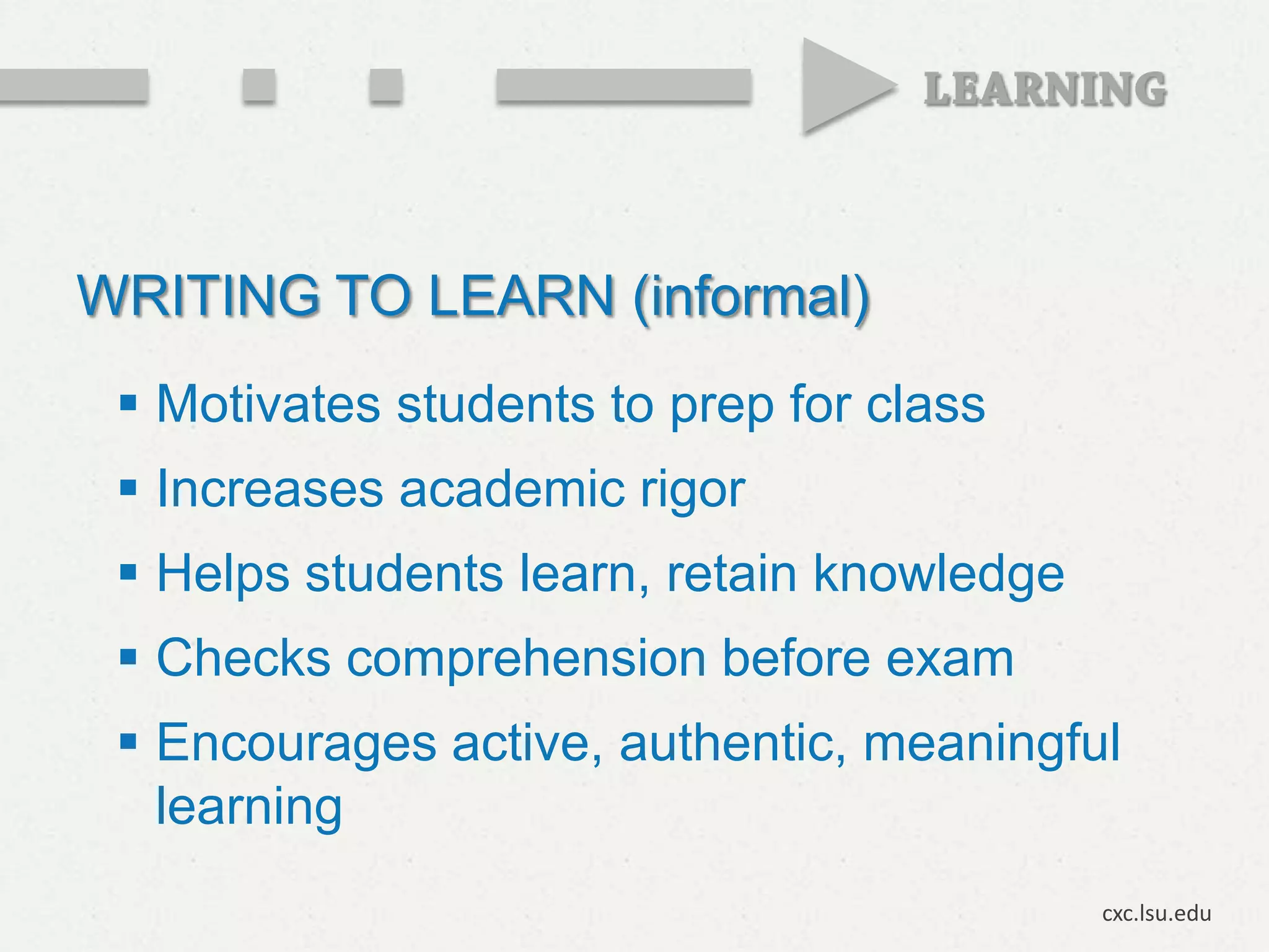 WRITING TO LEARN (informal)
  Motivates students to prep for class
  Increases academic rigor
  Helps students learn, retain knowledge
  Checks comprehension before exam
  Encourages active, authentic, meaningful
   learning
                                            cxc.lsu.edu
 