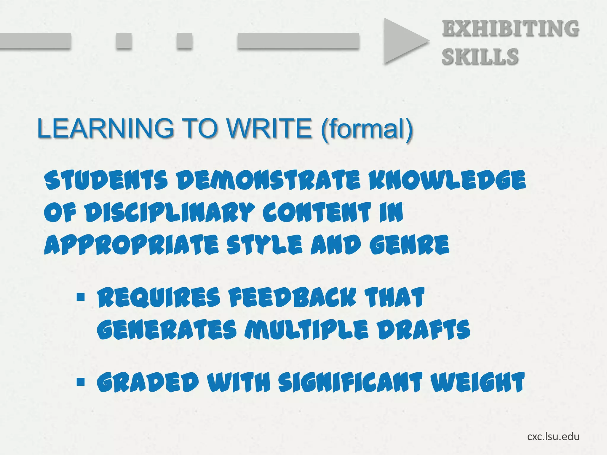LEARNING TO WRITE (formal)
Students demonstrate knowledge
of disciplinary content in
appropriate style and genre
   requires feedback that
    generates multiple drafts
   graded with significant weight
                                     cxc.lsu.edu
 
