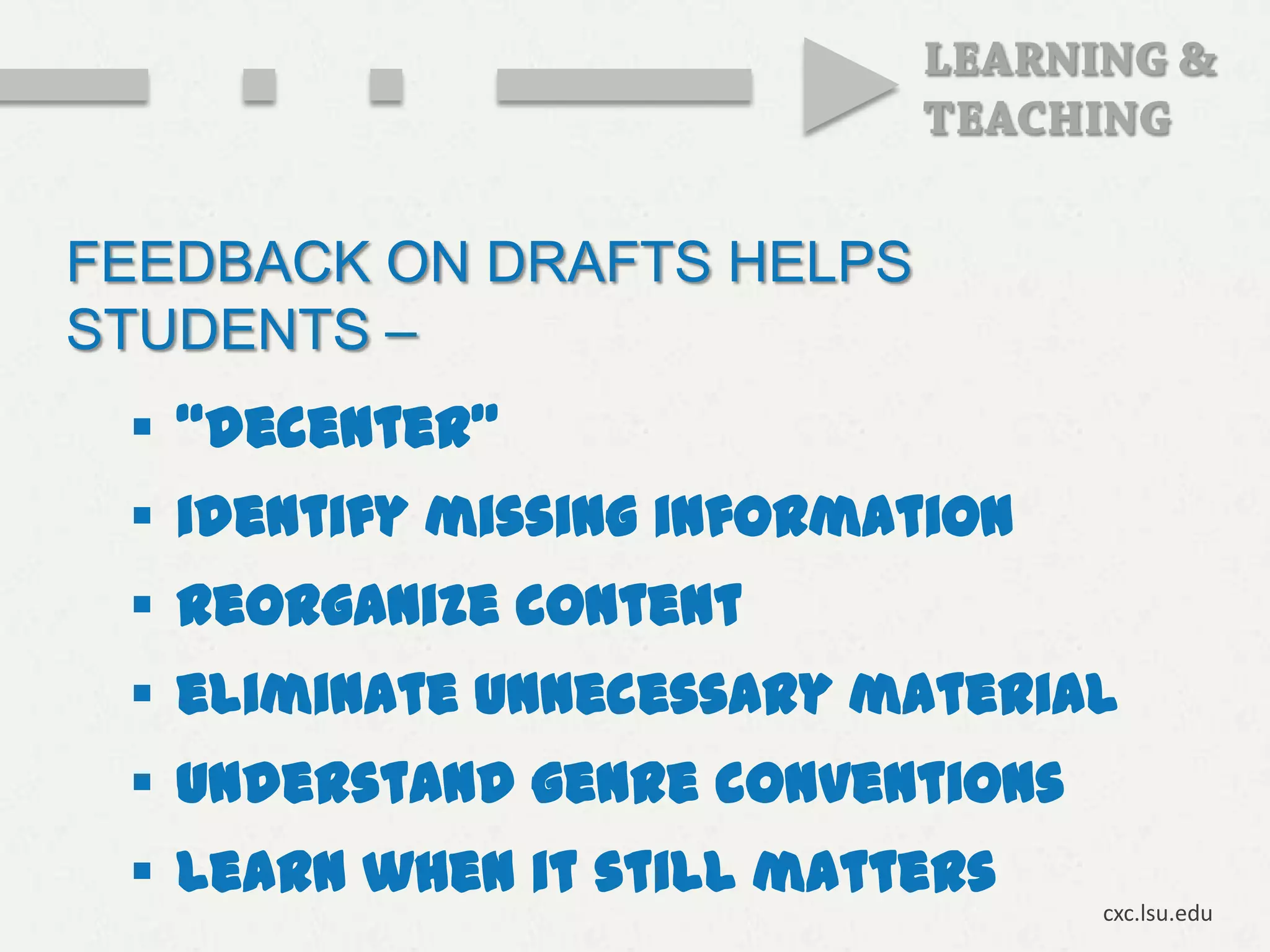FEEDBACK ON DRAFTS HELPS
STUDENTS –
  “decenter”
  identify missing information
  reorganize content
  eliminate unnecessary material
  understand genre conventions
  learn when it still matters
                                  cxc.lsu.edu
 