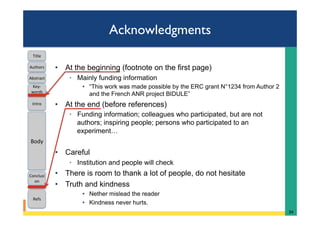 Acknowledgments
•  At the beginning (footnote on the first page)
◦  Mainly funding information
•  “This work was made possible by the ERC grant N°1234 from Author 2
and the French ANR project BIDULE”
•  At the end (before references)
◦  Funding information; colleagues who participated, but are not
authors; inspiring people; persons who participated to an
experiment…
•  Careful
◦  Institution and people will check
•  There is room to thank a lot of people, do not hesitate
•  Truth and kindness
•  Nether mislead the reader
•  Kindness never hurts.
34	
Intro	
Body	
Conclusi
on	
Refs	
Title	
Abstract	
Key-
words	
Authors	
 