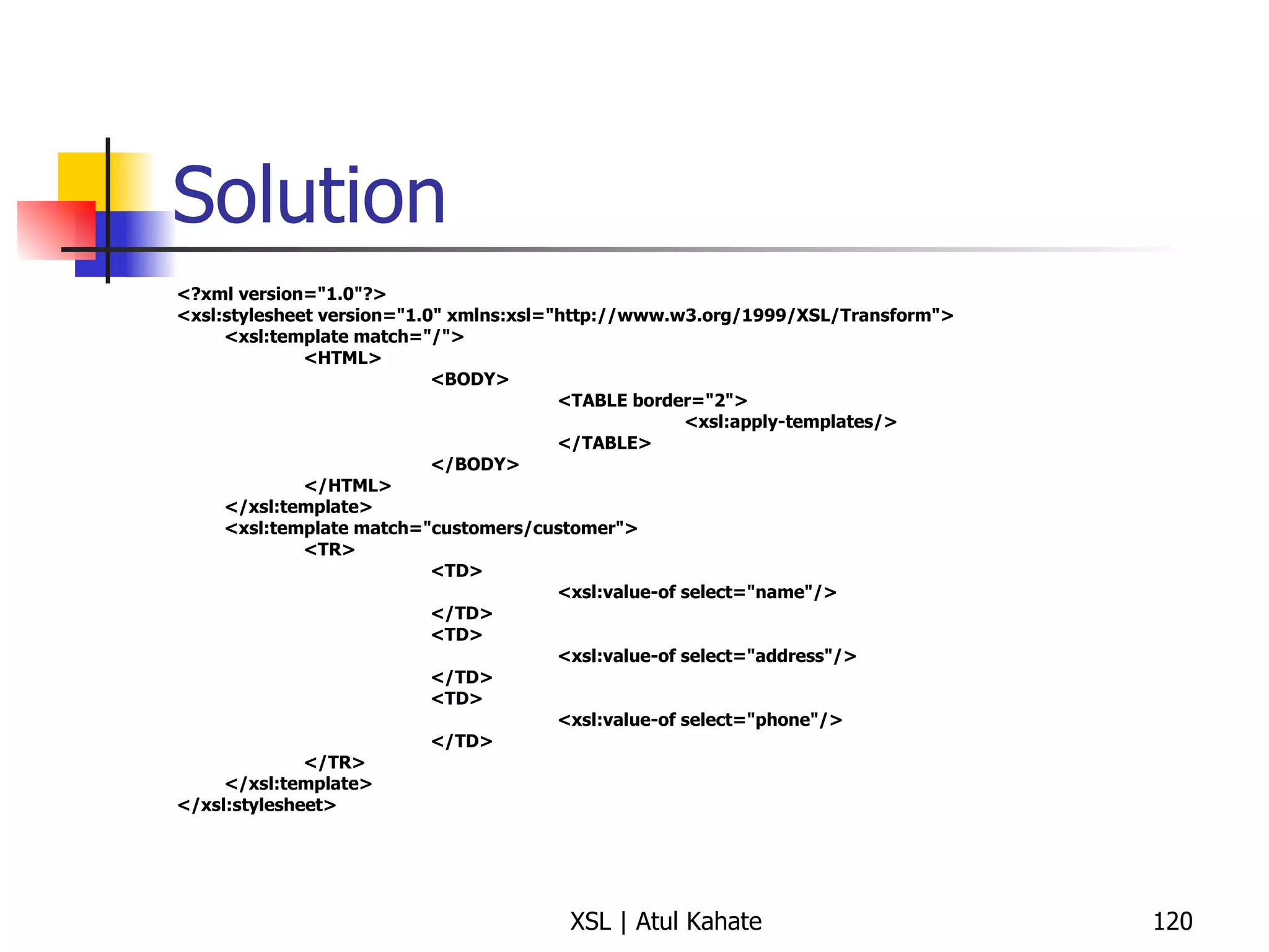 Solution <?xml version="1.0"?> <xsl:stylesheet version="1.0" xmlns:xsl="http://www.w3.org/1999/XSL/Transform"> <xsl:template match="/"> <HTML> <BODY> <TABLE border="2"> <xsl:apply-templates/> </TABLE> </BODY> </HTML> </xsl:template> <xsl:template match="customers/customer"> <TR> <TD> <xsl:value-of select="name"/> </TD> <TD> <xsl:value-of select="address"/> </TD> <TD> <xsl:value-of select="phone"/> </TD> </TR> </xsl:template> </xsl:stylesheet>   