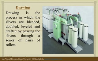  
Drawing 
Drawing is the process in which the slivers are blended, doubled, leveled and drafted by passing the slivers through a series of pairs of rollers. 
11/29/2014 
14 
Md. Yousuf Hossain, Green University Of Bangladesh, yousuf_te@yahoo.com  