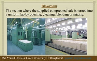  
Blowroom 
The section where the supplied compressed bale is turned into a uniform lap by opening, cleaning, blending or mixing. 
11/29/2014 
5 
Md. Yousuf Hossain, Green University Of Bangladesh, yousuf_te@yahoo.com  