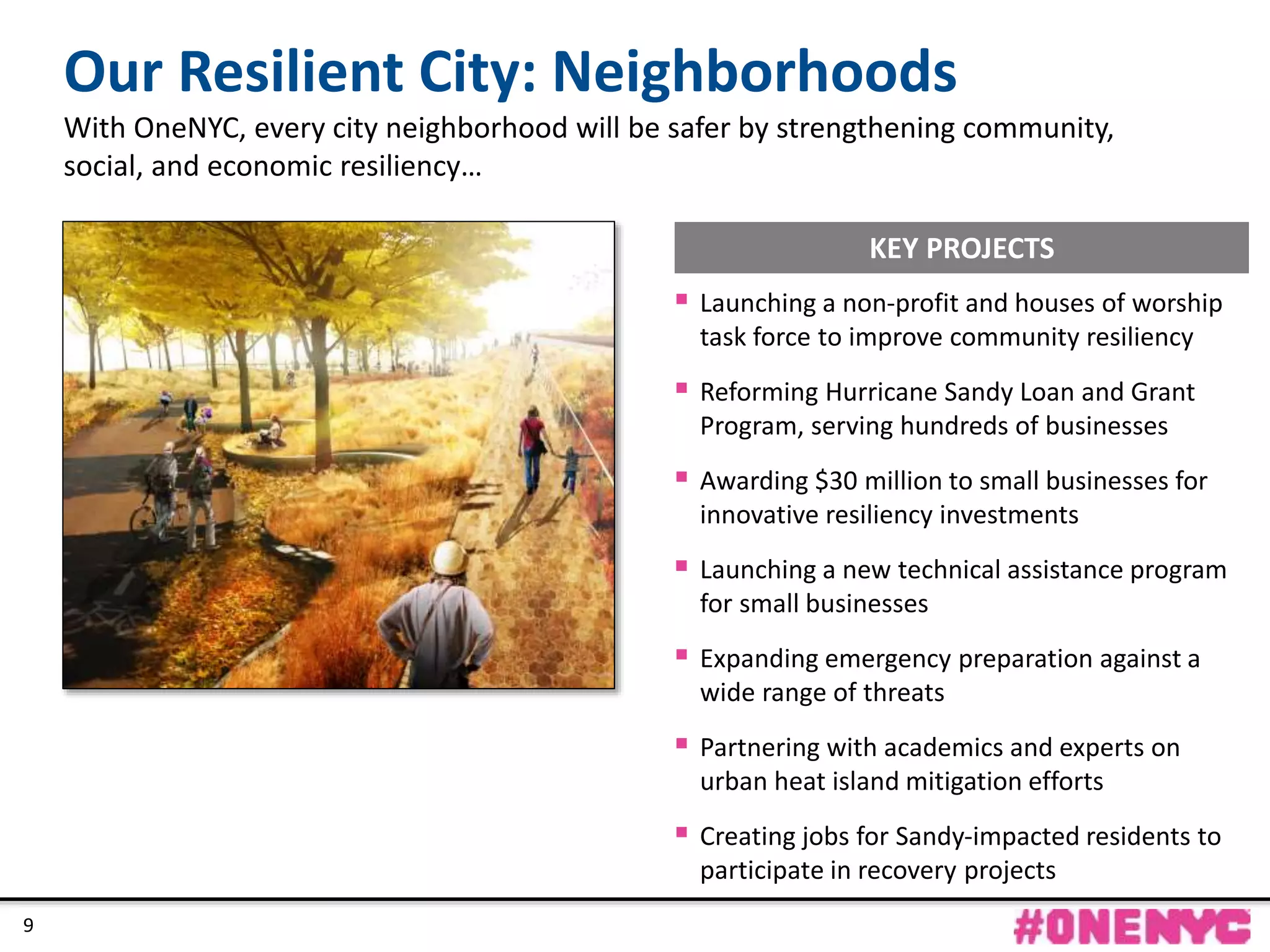 CONFIDENTIAL
9
KEY PROJECTS
 Launching a non-profit and houses of worship
task force to improve community resiliency
 Reforming Hurricane Sandy Loan and Grant
Program, serving hundreds of businesses
 Awarding $30 million to small businesses for
innovative resiliency investments
 Launching a new technical assistance program
for small businesses
 Expanding emergency preparation against a
wide range of threats
 Partnering with academics and experts on
urban heat island mitigation efforts
 Creating jobs for Sandy-impacted residents to
participate in recovery projects
Our Resilient City: Neighborhoods
With OneNYC, every city neighborhood will be safer by strengthening community,
social, and economic resiliency…
9
 