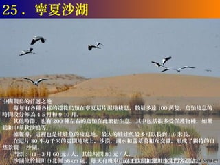 25 ．寧夏沙湖




中國觀鳥的首選之地
　　每 年有各種各樣的遷徙鳥類在寧夏這片濕地棲息，數量多達 100 萬隻。鳥類棲息的
時間段分佈 為 4-5 月和 9-10 月。
　　其他時節，也有 200 種左右的鳥類在此繁衍生息，其中包括很多受保護物種，如黑
鶴和中華秋沙鴨等。
　　據報導，這裡也是娃娃魚的棲息地。最大的娃娃魚最多可以長到 1.6 米長。
　　在這片 80 平方千米的廣闊地域上，沙漠，湖水和蘆葦蕩相互交織，形成了獨特的自
然景觀 --- 沙湖。
　　門票： 11---3 月 60 元 / 人，其餘時間 80 元 / 人。
　　沙湖位於銀川市北側 56km 處。每 天有班車往返于沙湖和銀川市北門客運站。
 