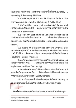 เขียนคล่อง คิดเลขคล่อง และมีทักษะการคิดขั้นพื้นฐาน (Literacy                            ,
Numeracy & Reasoning Abilities)
           4. นั ก เ รี ย น ทุ ก ค น มี ค ว า ม ส า นึ ก ใ น ค ว า ม เ ป็ น ไ ท ย มี จิ ต
สาธารณะ และอยู่อย่างพอเพียง (Sufficiency & Public Mind)
       5. นั ก เรี ย นที่ มี ค วามสามารถด้ า นคณิ ต ศาสตร์ วิ ท ยาศาสตร์
เทคโนโลยี และศิลปะศาสตร์ ทุกคนได้รับการส่งเสริมให้มีความเป็น
เลิศ (Excel to Excellence)
       6. ป ร ะ ช า ก ร วั ย เ รี ย น ทุ ก ค น มี โ อ ก า ส เ ข้ า ถึ ง บ ริ ก า ร ท า ง
การศึกษาด้วยทางเลิ กที่หลากหลาย                       เพี่อลดอัตราเด็กตกหล่ น
ออกกลางคั น ส่ ง เสริ ม การเรี ย นต่ อ หรื อ ประกอบอาชี พ (Alternative
Access)
        7. นั ก เรี ยน ค รู แ ละบุ ค ลาก ร ทาง การ ศึ กษา ทุ ก คน แล ะ
สถานศึ ก ษาทุ ก แห่ ง ในเขตพั ฒ นาพิ เ ศษเฉพาะกิ จ จั ง หวั ด ชายแดน
ภาคใต้ ได้รับการพัฒนาอย่างมีคุณภาพ สอดคล้องกับอัตลักณ์ของตน
(Southern – Border Provinces)
          8. นักเรียน ครู และบุคลากรทางการศึกษาทุกคน มีความพร้อม
เข้าสู่ประชาคมอาเซียน           มีภูมิคุ้มกันต่อการเปลี่ยนแปลงในสังคม
พหุวัฒนธรรม (ASEAN Community)
      9. สถานศึ กษาทุก แห่ง ได้รั บ การพัฒ นาอย่ างเต็ม ศั กยภาพ มี
ระบบประกันคุ ณภาพภายใน         ที่เข้มแข็งและได้รั บการรับรองจาก
การประเมินคุณภาพภายนอก (Quality Schools)
           10. สานักงานเขตพื้นที่การศึกษาทุกแห่งมีคุณภาพมาตรฐาน
ของสานักงานเขตพื้นที่การศึกษา (Effective Service Areas)



  ผลผลิต ผลผลิตของสานักงานคณะกรรมการการศึกษาขั้นพื้นฐาน

แผนปฏิบัติการประจาปี 2556                                        สานักงานเขตพื้นที่
การศึกษามัธยมศึกษา เขต 40      หน้า 32
 