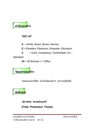 ค่านิยมองค์กร


          “SEC 40”


          S = Smile, Smart, Senior, Service
          E = Excellent, Electronic, Empower, Education
          C        = Care, Compliance, Comfortable, Co –
Operation
          40 = 39 Schools + 1 Office



  วัฒนธรรมองค์กร


          “คุณธรรมนาชีวิต ประทับจิตบริการ ทางานเป็นทีม”



  อัตลักษณ์


          “สุภาพชน คนเพชรบูรณ์”

          (Polite Phetchabun People)


แผนปฏิบัติการประจาปี 2556                       สานักงานเขตพื้นที่
การศึกษามัธยมศึกษา เขต 40   หน้า 54
 