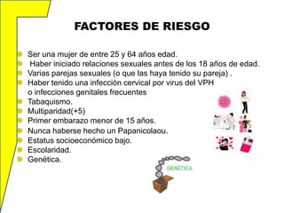 FACTORES DE RIESGO
Ser una mujer de entre 25 y 64 años edad.
Haber iniciado relaciones sexuales antes de los 18 años de edad.
Varias parejas sexuales (o que las haya tenido su pareja) .
Haber tenido una infección cervical por virus del VPH
o infecciones genitales frecuentes
Tabaquismo.
Multiparidad(+5)
Primer embarazo menor de 15 años.
Nunca haberse hecho un Papanicolaou.
Estatus socioeconómico bajo.
Escolaridad.
Genética.

 