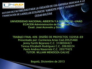 UNIVERSIDAD NACIONAL ABIERTA Y A DISTANCIA –UNAD
ECACEN Administración de Empresas
Cead: José Acevedo y Gómez
TRABAJO FINAL 40% DISEÑO DE PROYECTOS 102058-69
Presentado por: Carmenza Arias Cod.20525460
Jenny Farith Bejarano C.C. 3108504421
Teresa Elizabeth Rodríguez C.C. 20638224
Paula Andrea Navarrete C.C. 20577425
TUTOR: WLLIAM MENDOZA GALVIZ
Bogotá, Diciembre de 2013

 