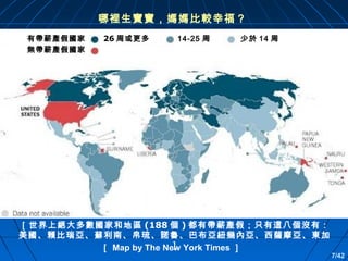 哪裡生寶寶，媽媽比較幸福？
有帶薪產假國家
無帶薪產假國家

26 周或更多

14-25 周

少於 14 周

［世界上絕大多數國家和地區 (188 個 ) 都有帶薪產假；只有這八個沒有：
美國、賴比瑞亞、蘇利南、帛琉、諾魯、巴布亞紐幾內亞、西薩摩亞、東加
］
［ Map by The New York Times ］

7/42

 