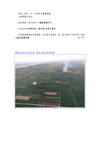 地毯（農田）中，出現的土黃色土黃色土黃色土黃色空地空地空地空地。
大都緊臨甘蔗田。
瞧其模樣，極可能是-甘蔗剛收穫不久蔗剛收穫不久蔗剛收穫不久蔗剛收穫不久。
至於空地是咖啡色者，極可能咖啡色者，極可能咖啡色者，極可能咖啡色者，極可能----也是甘蔗田也是甘蔗田也是甘蔗田也是甘蔗田。
因為根據遠處的炊煙嬝嬝，是在燒甘蔗葉者，故，農田裡的-咖啡色澤，應是
火燒甘蔗葉所餘火燒甘蔗葉所餘火燒甘蔗葉所餘火燒甘蔗葉所餘。 （接下頁）
▼農田裡的-咖啡色澤，應是火燒甘蔗葉所餘
 