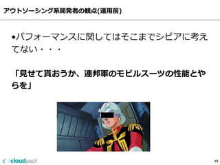 アウトソーシング系開発者の観点(運⽤用前)
15
•パフォーマンスに関してはそこまでシビアに考え
てない・・・
「⾒見見せて貰おうか、連邦軍のモビルスーツの性能とや
らを」
 