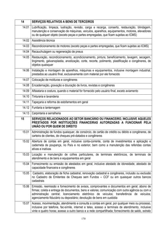 170
14 SERVIÇOS RELATIVOS A BENS DE TERCEIROS
14.01 Lubrificação, limpeza, lustração, revisão, carga e recarga, conserto, restauração, blindagem,
manutenção e conservação de máquinas, veículos, aparelhos, equipamentos, motores, elevadores
ou de qualquer objeto (exceto peças e partes empregadas, que ficam sujeitas ao ICMS)
14.02 Assistência técnica
14.03 Recondicionamento de motores (exceto peças e partes empregadas, que ficam sujeitas ao ICMS)
14.04 Recauchutagem ou regeneração de pneus
14.05 Restauração, recondicionamento, acondicionamento, pintura, beneficiamento, lavagem, secagem,
tingimento, galvanoplastia, anodização, corte, recorte, polimento, plastificação e congêneres, de
objetos quaisquer
14.06 Instalação e montagem de aparelhos, máquinas e equipamentos, inclusive montagem industrial,
prestados ao usuário final, exclusivamente com material por ele fornecido
14.07 Colocação de molduras e congêneres
14.08 Encadernação, gravação e douração de livros, revistas e congêneres
14.09 Alfaiataria e costura, quando o material for fornecido pelo usuário final, exceto aviamento
14.10 Tinturaria e lavanderia
14.11 Tapeçaria e reforma de estofamentos em geral
14.12 Funilaria e lanternagem
14.13 Carpintaria e serralheria
15 SERVIÇOS RELACIONADOS AO SETOR BANCÁRIO OU FINANCEIRO, INCLUSIVE AQUELES
PRESTADOS POR INSTITUIÇÕES FINANCEIRAS AUTORIZADAS A FUNCIONAR PELA
UNIÃO OU POR QUEM DE DIREITO
15.01 Administração de fundos quaisquer, de consórcio, de cartão de crédito ou débito e congêneres, de
carteira de clientes, de cheques pré-datados e congêneres
15.02 Abertura de contas em geral, inclusive conta-corrente, conta de investimentos e aplicação e
caderneta de poupança, no País e no exterior, bem como a manutenção das referidas contas
ativas e inativas
15.03 Locação e manutenção de cofres particulares, de terminais eletrônicos, de terminais de
atendimento e de bens e equipamentos em geral
15.04 Fornecimento ou emissão de atestados em geral, inclusive atestado de idoneidade, atestado de
capacidade financeira e congêneres
15.05 Cadastro, elaboração de ficha cadastral, renovação cadastral e congêneres, inclusão ou exclusão
no Cadastro de Emitentes de Cheques sem Fundos – CCF ou em quaisquer outros bancos
cadastrais
15.06 Emissão, reemissão e fornecimento de avisos, comprovantes e documentos em geral; abono de
firmas; coleta e entrega de documentos, bens e valores; comunicação com outra agência ou com a
administração central; licenciamento eletrônico de veículos; transferência de veículos;
agenciamento fiduciário ou depositário; devolução de bens em custódia
15.07 Acesso, movimentação, atendimento e consulta a contas em geral, por qualquer meio ou processo,
inclusive por telefone, fac-símile, internet e telex, acesso a terminais de atendimento, inclusive
vinte e quatro horas; acesso a outro banco e a rede compartilhada; fornecimento de saldo, extrato
 