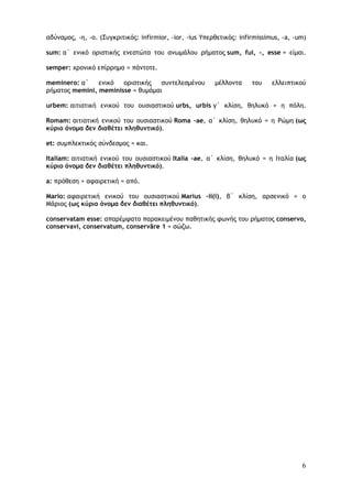 6
αδύναμος, -η, -ο. (Συγκριτικός: infirmior, -ior, -ius Υπερθετικός: infirmissimus, -a, -um)
sum: α΄ ενικό οριστικής ενεστώτα του ανωμάλου ρήματος sum, fui, -, esse = είμαι.
semper: χρονικό επίρρημα = πάντοτε.
meminero: α΄ ενικό οριστικής συντελεσμένου μέλλοντα του ελλειπτικού
ρήματος memini, meminisse = θυμάμαι
urbem: αιτιατική ενικού του ουσιαστικού urbs, urbis γ΄ κλίση, θηλυκό = η πόλη.
Romam: αιτιατική ενικού του ουσιαστικού Roma –ae, α΄ κλίση, θηλυκό = η Ρώμη (ως
κύριο όνομα δεν διαθέτει πληθυντικό).
et: συμπλεκτικός σύνδεσμος = και.
Italiam: αιτιατική ενικού του ουσιαστικού Italia -ae, α΄ κλίση, θηλυκό = η Ιταλία (ως
κύριο όνομα δεν διαθέτει πληθυντικό).
a: πρόθεση + αφαιρετική = από.
Mario: αφαιρετική ενικού του ουσιαστικού Marius –ii(i), β΄ κλίση, αρσενικό = ο
Μάριος (ως κύριο όνομα δεν διαθέτει πληθυντικό).
conservatam esse: απαρέμφατο παρακειμένου παθητικής φωνής του ρήματος conservo,
conservavi, conservatum, conservāre 1 = σώζω.
 