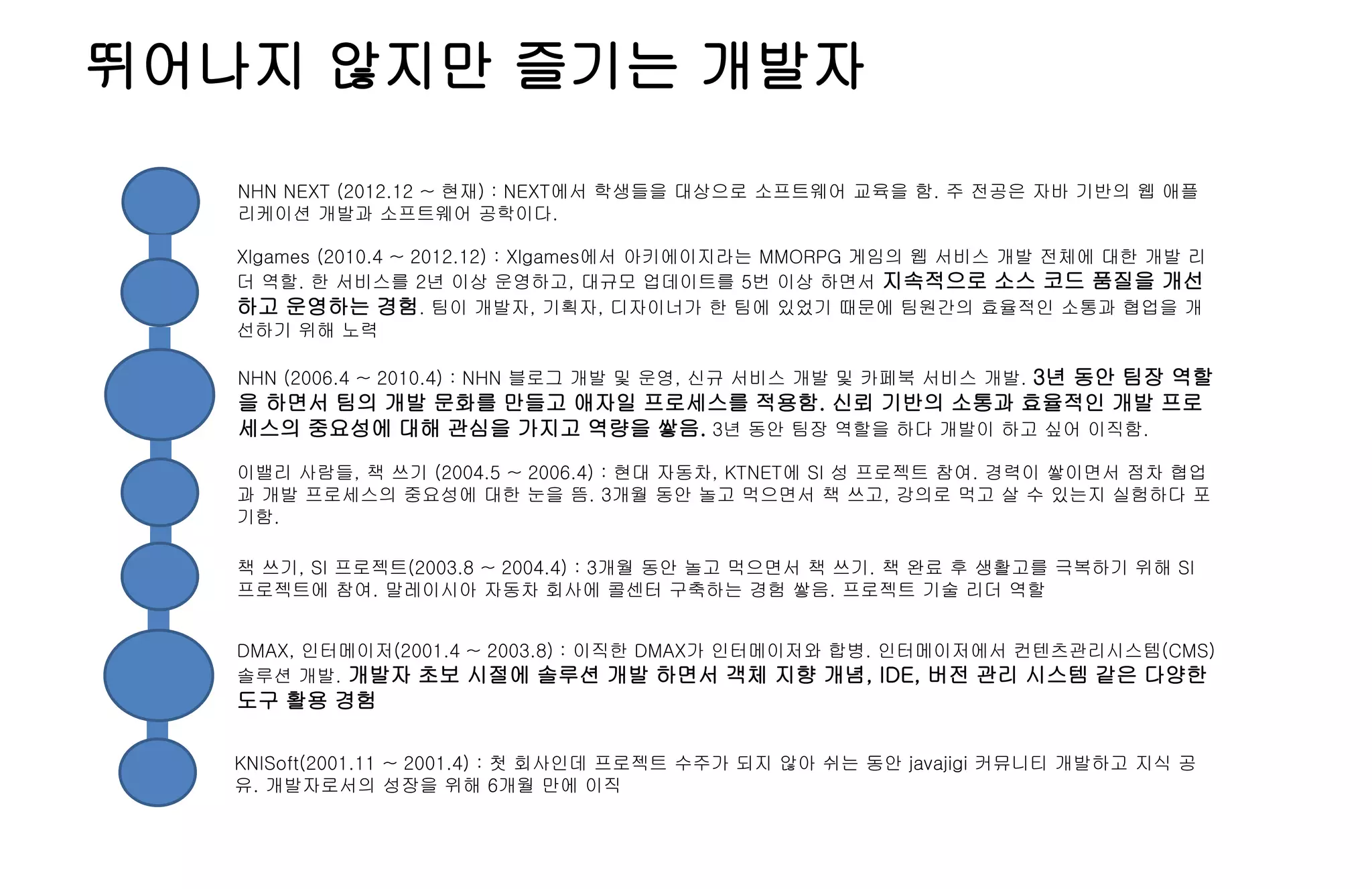 뛰어나지 않지만 즐기는 개발자
KNISoft(2001.11 ~ 2001.4) : 첫 회사인데 프로젝트 수주가 되지 않아 쉬는 동안 javajigi 커뮤니티 개발하고 지식 공
유. 개발자로서의 성장을 위해 6개월 만에 이직
DMAX, 인터메이저(2001.4 ~ 2003.8) : 이직한 DMAX가 인터메이저와 합병. 인터메이저에서 컨텐츠관리시스템(CMS)
솔루션 개발. 개발자 초보 시절에 솔루션 개발 하면서 객체 지향 개념, IDE, 버전 관리 시스템 같은 다양한
도구 활용 경험
책 쓰기, SI 프로젝트(2003.8 ~ 2004.4) : 3개월 동안 놀고 먹으면서 책 쓰기. 책 완료 후 생활고를 극복하기 위해 SI
프로젝트에 참여. 말레이시아 자동차 회사에 콜센터 구축하는 경험 쌓음. 프로젝트 기술 리더 역할
이밸리 사람들, 책 쓰기 (2004.5 ~ 2006.4) : 현대 자동차, KTNET에 SI 성 프로젝트 참여. 경력이 쌓이면서 점차 협업
과 개발 프로세스의 중요성에 대한 눈을 뜸. 3개월 동안 놀고 먹으면서 책 쓰고, 강의로 먹고 살 수 있는지 실험하다 포
기함.
NHN (2006.4 ~ 2010.4) : NHN 블로그 개발 및 운영, 신규 서비스 개발 및 카페북 서비스 개발. 3년 동안 팀장 역할
을 하면서 팀의 개발 문화를 만들고 애자일 프로세스를 적용함. 신뢰 기반의 소통과 효율적인 개발 프로
세스의 중요성에 대해 관심을 가지고 역량을 쌓음. 3년 동안 팀장 역할을 하다 개발이 하고 싶어 이직함.
Xlgames (2010.4 ~ 2012.12) : Xlgames에서 아키에이지라는 MMORPG 게임의 웹 서비스 개발 전체에 대한 개발 리
더 역할. 한 서비스를 2년 이상 운영하고, 대규모 업데이트를 5번 이상 하면서 지속적으로 소스 코드 품질을 개선
하고 운영하는 경험. 팀이 개발자, 기획자, 디자이너가 한 팀에 있었기 때문에 팀원간의 효율적인 소통과 협업을 개
선하기 위해 노력
NHN NEXT (2012.12 ~ 현재) : NEXT에서 학생들을 대상으로 소프트웨어 교육을 함. 주 전공은 자바 기반의 웹 애플
리케이션 개발과 소프트웨어 공학이다.
 