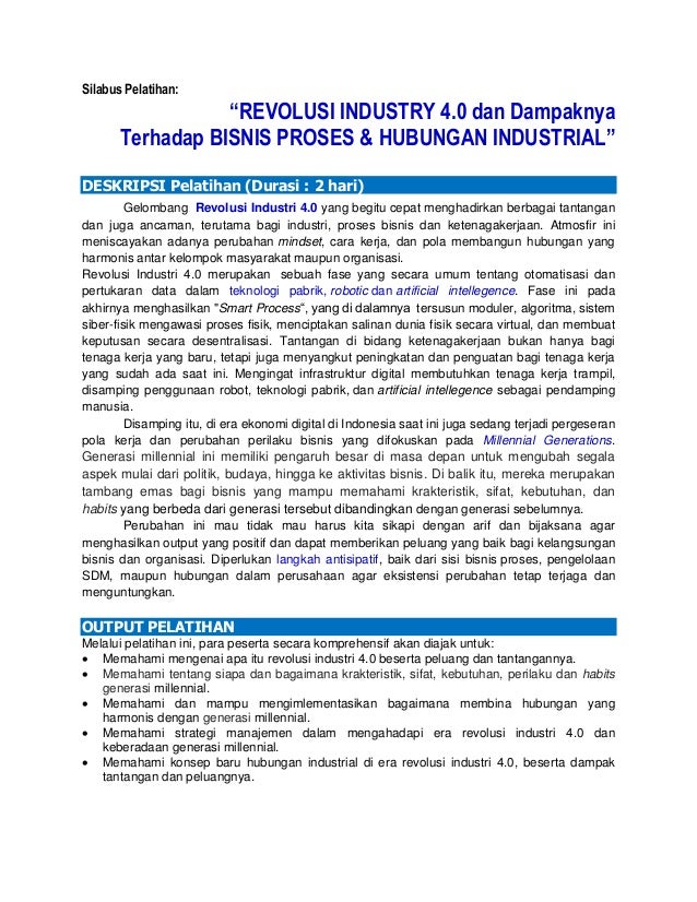 Silabus Training Dampak Revolusi Industri 4 0 Terhadap Bisnis Proses