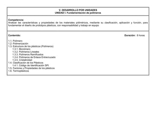 V. DESARROLLO POR UNIDADES
UNIDAD I. Fundamentación de polímeros
Competencia:
Analizar las características y propiedades de los materiales poliméricos, mediante su clasificación, aplicación y función, para
fundamentar el diseño de prototipos plásticos, con responsabilidad y trabajo en equipo
Contenido: Duración: 8 horas
1.1. Polímero
1.2. Polimerización
1.3. Estructura de los plásticos (Polímeros)
1.3.1. Monómero
1.3.2. Polímeros Lineales
1.3.3. Polímeros Ramificados
1.3.4. Polímeros de Enlace Entrecruzado
1.3.5. Cristalinidad
1.4. Clasificación de los Plásticos
1.4.1. Código de Identificación SPI
1.5. Factores y Propiedades de los plásticos
1.6. Termoplásticos
 