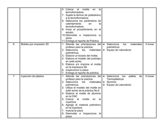 6. Coloca el molde en la
termoformadora.
7. Sujeta la lámina de poliestireno
a la termoformadora.
8. Selecciona los parámetros de
calentamiento en la
termoformadora.
9. Inicia el procedimiento en el
equipo.
10.Desmolda e inspecciona tu
pieza
11.Entrega el reporte de Práctica
6 Moldeo por impresión 3D 1. Atiende las orientaciones del
profesor para la práctica.
2. Selecciona los materiales
poliméricos.
3. Elabora un boceto del molde.
4. Elabora el modelo del prototipo
en solid works
5. Elabora y/o imprime el molde
en la impresora 3D.
6. Inspecciona tu pieza
7. Entrega el reporte de práctica.
● Selecciona los materiales
poliméricos
● Equipo de Laboratorio
4 horas
7 Inyección de plástico 1. Atiende las orientaciones del
profesor para la práctica.
2. Selecciona los materiales
poliméricos.
3. Utiliza el modelo del molde en
solid works de la práctica No.6
4. Elabora el molde de aluminio
en la CNC
5. Coloca el molde en la
inyectora.
6. Agrega el material polimérico
en la inyectora.
7. Inyecta la pieza
8. Desmolda e Inspecciona la
pieza
● Selecciona los pellets de
Termoplásticos
● Aluminio
● Equipo de Laboratorio
6 horas
 