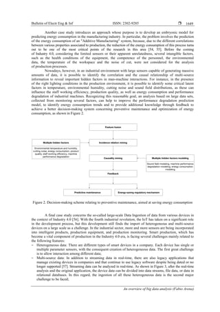 Bulletin of Electr Eng & Inf ISSN: 2302-9285 
An overview of big data analysis (Fabio Arena)
1649
Another case study introduces an approach whose purpose is to develop an embryonic model for
predicting energy consumption in the manufacturing industry. In particular, the problem involves the prediction
of the energy consumption of an "Additive Manufacturing" system, because, due to the different correlations
between various properties associated to production, the reduction of the energy consumption of this process turns
out to be one of the most critical points of the research in this area [54, 55]. Before the coming
of Industry 4.0, considering the limited sensors or their apparent unrelatedness, several intangible factors,
such as the health conditions of the equipment, the competence of the personnel, the environmental
data, the temperature of the workspace and the noise of cut, were not considered for the analysis
of production processes.
Nowadays, however, in an industrial environment with large sensors capable of generating massive
amounts of data, it is possible to identify the correlation and the causal relationship of multi-source
information to reveal important hidden factors in man-machine interactions. For instance, in the presence
of the right lighting conditions in the production environment, it is possible to identify some critical latent
factors in temperature, environmental humidity, cutting noise and sound field distributions, as these can
influence the staff working efficiency, production quality, as well as energy consumption and performance
degradation of industrial machines. Recognizing this reasonable goal, an analysis based on large data sets,
collected from monitoring several factors, can help to improve the performance degradation prediction
model, to identify energy consumption trends and to provide additional knowledge through feedback to
achieve a better decision-making system concerning preventive maintenance and optimization of energy
consumption, as shown in Figure 2.
Figure 2. Decision-making scheme relating to preventive maintenance, aimed at saving energy consumption
A final case study concerns the so-called large-scale Data Ingestion of data from various devices in
the context of Industry 4.0 [56]. With the fourth industrial revolution, the IoT has taken on a significant role
in the development process, but this development still finds the import of heterogeneous and multi-source
devices on a large scale as a challenge. In the industrial sector, more and more sensors are being incorporated
into intelligent products, production equipment, and production monitoring. Smart production, which has
become a vital component of production in the Industry 4.0 era, is facing several challenges mainly related to
the following features:
‒ Heterogeneous data: There are different types of smart devices in a company. Each device has single or
multiple parameter sensors, with the consequent creation of heterogeneous data. The first great challenge
is to allow interaction among different data;
‒ Multi-source data: In addition to streaming data in real-time, there are also legacy applications that
manage existing devices in companies and that continue to use legacy software despite being dated or no
longer supported [57]. Streaming data can be analyzed in real-time. As shown in Figure 3, after the real-time
analysis and the original application, the device data can be divided into data streams, file data, or data in
relational databases. In this regard, the ingestion of all these heterogeneous data is the second major
challenge to be faced;
 