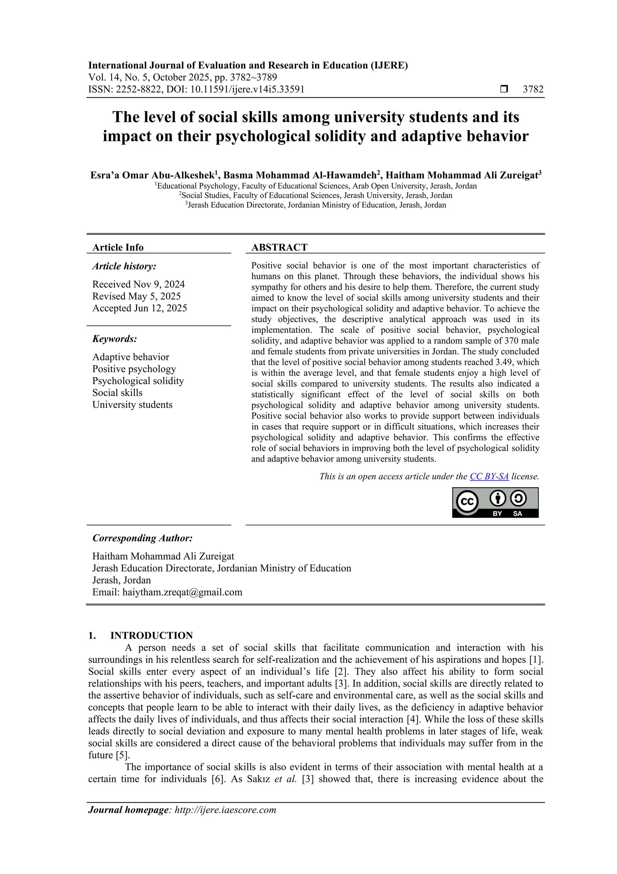 The level of social skills among university students and its impact on ...