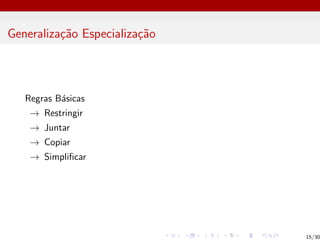 Generalização Especialização
Regras Básicas
→ Restringir
→ Juntar
→ Copiar
→ Simplificar
15/30
 