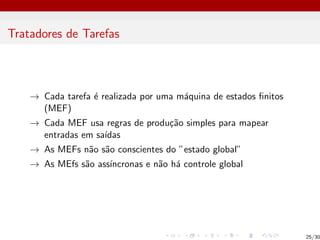 Tratadores de Tarefas
→ Cada tarefa é realizada por uma máquina de estados finitos
(MEF)
→ Cada MEF usa regras de produção simples para mapear
entradas em saı́das
→ As MEFs não são conscientes do ”estado global”
→ As MEfs são assı́ncronas e não há controle global
25/30
 