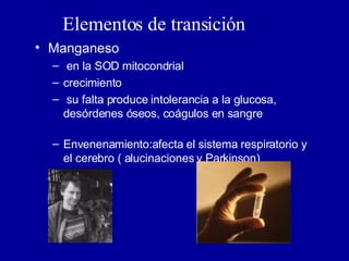 Elementos de transición Manganeso en la SOD mitocondrial crecimiento su falta produce intolerancia a la glucosa, desórdenes óseos, coágulos en sangre  Envenenamiento:afecta el sistema respiratorio y el cerebro ( alucinaciones y Parkinson) 