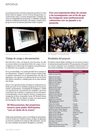 REPORTAJE


Las interpretaciones virtuales propuestas permiten la visita       Con una importante labor de campo
desde todos los ángulos, revivir recursos desaparecidos, re-       y de investigación con el fin de que
construyendo restos y recursos desaparecidos o dañados, de-
volver su originalidad al monumento, en definitiva ordenarlo       las imágenes sean perfectamente
desde las coordinadas del tiempo y del espacio, al mismo tiem-     coherentes con su pasado y su
po que se recrea un universo para hacer soñar a la gente.          presente.




                                                                 Aspecto de la entrada del Palacio Vallesantoro mientras los asistentes a la presenta-
Detalle de la Guía Virtual en una de las pantallas táctiles      ción “interactuaban” con las pantallas táctiles.


Trabajo de campo y documentación                                 Resultados del proyecto
Para llevarlo a cabo, a lo largo de estos dos años, ha sido      El software desarrollado contribuye de una forma virtual a
necesario realizar una importante labor de campo y de in-        la interpretación patrimonial de 30 monumentos del prepiri-
vestigación con el fin de que las imágenes sean perfectamen-     neo navarro ubicados en la actualidad o históricamente en
te coherentes con su pasado y su presente.                       otras tantas localidades. Los monumentos interpretados son:

No es recomendable, ni se puede permitir hacer trampas en          MONUMENTO                                           LOCALIDAD
tres dimensiones. Tampoco, cuando se basan en datos reales         Iglesia de Santa Elena                              Despoblado de Abaiz
no pueden contentarse con ser aproximaciones. Por ello, los                                                             (Lerga)
ingenieros y los expertos en el patrimonio de este territorio      Iglesia de San Pedro                                Aibar
han debido entenderse y trabajar juntos de la mano durante         Iglesia de San Miguel                               Aoiz
este tiempo.                                                       Iglesia de Santa María                              Arce
                                                                   Iglesia de San Miguel                               Artaiz
                                                                   Palacio de Artieda                                  Artieda
Merece una especial mención el trabajo de colaboración rea-        Torre de Ayanz                                      Ayanz
lizado por parte de las entidades propietarias de los monu-        Iglesia de San Andrés                               Ayesa
mentos: ayuntamientos, Arzobispado de Pamplona y Tudela            Ermita de San Zoilo                                 Cáseda
y la aportación de conocimientos de entidades y personas           Torre de Celigüeta                                  Celigüeta
conocedoras de la historia y arquitectura de los monumen-          Mausoleo Romano                                     Eslava
tos interpretados como la empresa Navark, el equipo de in-         Iglesia de San Salvador                             Gallipienzo
vestigación de Rosa Armendáriz Aznar, Mª Rosario Mateo             Ermita de San Miguel                                Izaga
Pérez, Mª Pilar Sáez de Albéniz Arregui y las aportaciones         Castillo de Javier                                  Javier
                                                                   Iglesia de la Asunción                              Leache
del investigador Javier Martínez de Aguirre.
                                                                   Villa Romana de Liédena.                            Liédena
                                                                    (Reconstrucción)
                                                                   Puente de Lizoain                                   Lizoain
  30 Monumentos del prepirineo                                     Iglesia de La Asunción                              Lumbier
  navarro para poder disfrutarlos                                  Castillo de Monreal. Reconstrucción                 Monreal
                                                                   Iglesia de Santo Tomás Apóstol                      Najurieta
  “con un dedo de la mano”                                         Casco histórico de Oroz Betelu                      Oroz Betelu
                                                                   Iglesia de San Millán                               Petilla de Aragón
                                                                   Iglesia de San Bartolomé                            Rocaforte
                                                                   Iglesia de San Vicente                              Sada
Todas estas aportaciones, junto con el trabajo de asesoramien-     Iglesia de San Salvador                             Sangüesa
to de los técnicos de Cederna Garalur y la labor de plasmarlo      Palacio de Vallesantoro                             Sangüesa
en entornos virtuales de la empresa Alfa Soluciones, han da-       Monasterio de Santa Fe                              Urraúl Alto
do como resultado este producto divulgativo y educativo.           Plaza del Ferial                                    Urroz Villa
                                                                   Monasterio-Ermita de San Pedro                      Usún
                                                                   Iglesia vieja de San Esteban                        Yesa

 10 SEPTIEMBRE - OCTUBRE 2009
 