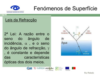 Fenómenos de Superfície Leis da Refracção2ª Lei: A razão entre o seno do ângulo de incidência,  , e o seno do ângulo de refracção,  , é constante e depende das características ópticas dos dois meios.13Rui Rebelo