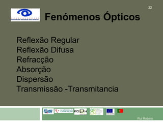 Fenómenos ÓpticosReflexão RegularReflexão DifusaRefracçãoAbsorçãoDispersãoTransmissão -Transmitancia22Rui Rebelo