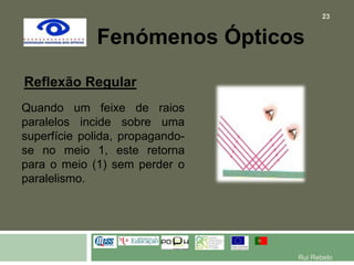 Fenómenos ÓpticosReflexão RegularQuando um feixe de raios paralelos incide sobre uma superfície polida, propagando-se no meio 1, este retorna para o meio (1) sem perder o paralelismo. 23Rui Rebelo