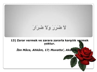 13) Zarar vermek ve zarara zararla karşılık vermek
                     yoktur.

   İbn Mâce, Ahkâm, 17; Muvatta’, Akdıye, 31.
 