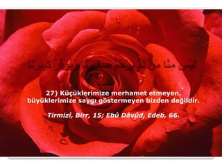 27) Küçüklerimize merhamet etmeyen,
büyüklerimize saygı göstermeyen bizden değildir.

     Tirmizî, Birr, 15; Ebû Dâvûd, Edeb, 66.
 
