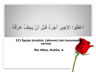 37) İşçiye ücretini, (alnının) teri kurumadan
                 veriniz.

            İbn Mâce, Ruhûn, 4.
 