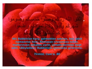 .


40) Rabbinize karşı gelmekten sakının, beş vakit
   namazınızı kılın, Ramazan orucunuzu tutun,
 mallarınızın zekatını verin, yöneticilerinize itaat
edin. (Böylelikle) Rabbinizin cennetine girersiniz.

                Tirmizî, Cum’a, 80
 
