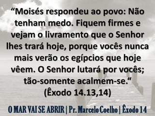 “Moisés respondeu ao povo: Não
tenham medo. Fiquem firmes e
vejam o livramento que o Senhor
lhes trará hoje, porque vocês nunca
mais verão os egípcios que hoje
vêem. O Senhor lutará por vocês;
tão-somente acalmem-se.“
(Êxodo 14.13,14)