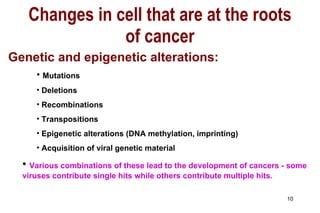 Changes in cell that are at the roots of cancer Genetic and epigenetic alterations: Mutations Deletions Recombinations Transpositions Epigenetic alterations (DNA methylation, imprinting) Acquisition of viral genetic material Various combinations of these lead to the development of cancers - some viruses contribute single hits while others contribute multiple hits. 