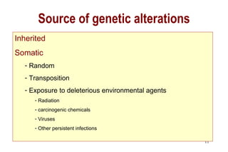 Inherited Somatic Random Transposition Exposure to deleterious environmental agents Radiation carcinogenic chemicals Viruses Other persistent infections Source of genetic alterations 
