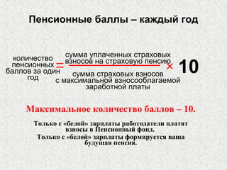 Пенсионные баллы – каждый год
Максимальное количество баллов – 10.
Только с «белой» зарплаты работодатели платят
взносы в Пенсионный фонд.
Только с «белой» зарплаты формируется ваша
будущая пенсия.
сумма уплаченных страховых
взносов на страховую пенсию
сумма страховых взносов
с максимальной взносооблагаемой
заработной платы
10
количество
пенсионных
баллов за один
год
 