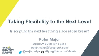 Taking Flexibility to the Next Level
Is scripting the next best thing since sliced bread?
Peter Major
OpenAM Sustaining Lead
peter.major@forgerock.com
@majorpetya http://github.com/aldaris
 
