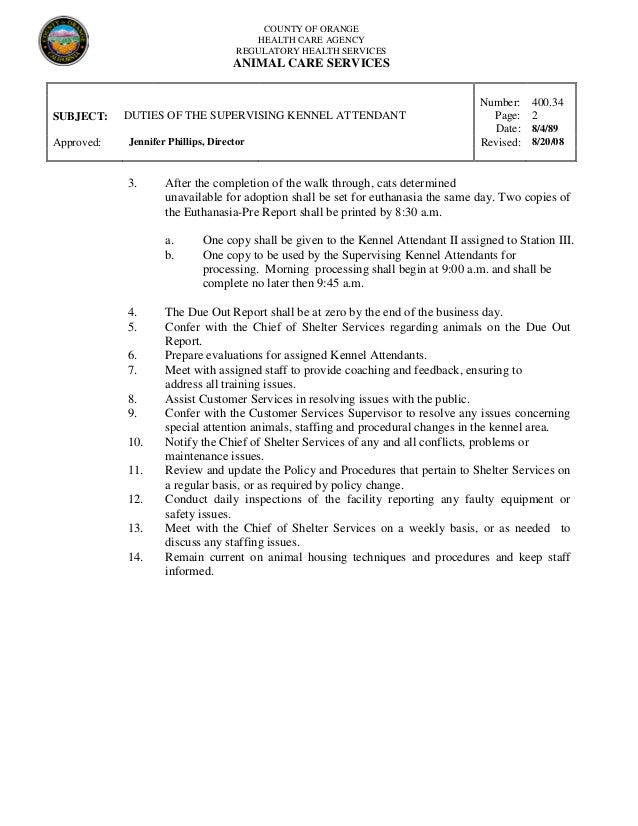 400.34 duties of the supervising kennel attendant