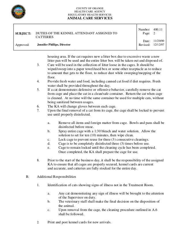 400.11 duties of the kennel attendant assigned to catteries