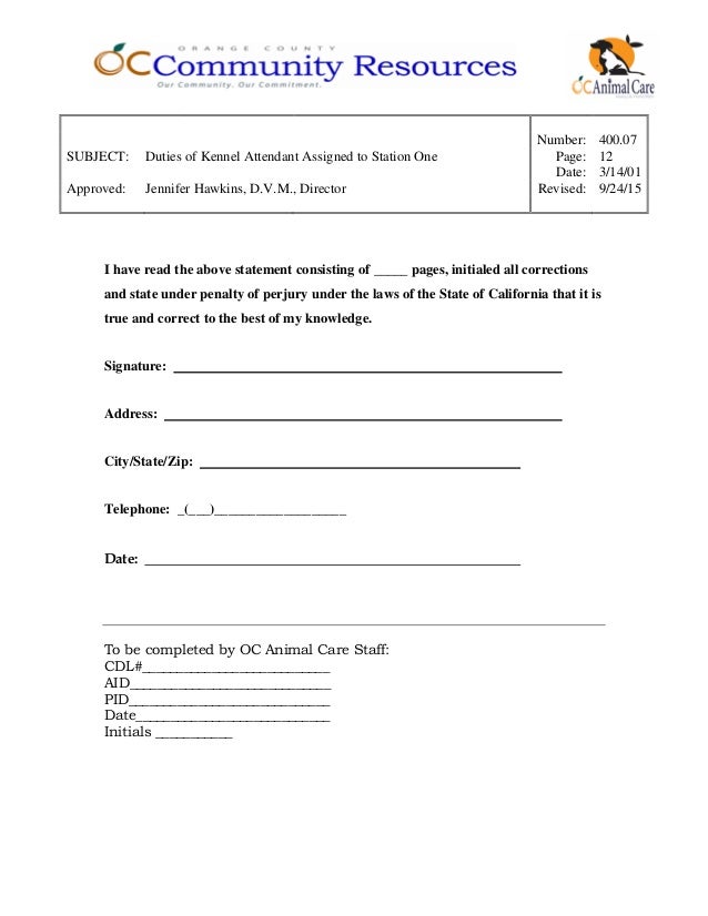 400.07 duties of kennel attendant assigned to station one
