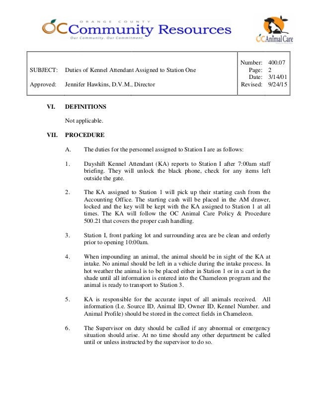 400.07 duties of kennel attendant assigned to station one