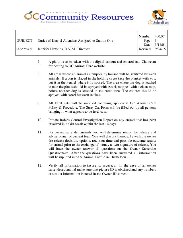 400.07 duties of kennel attendant assigned to station one