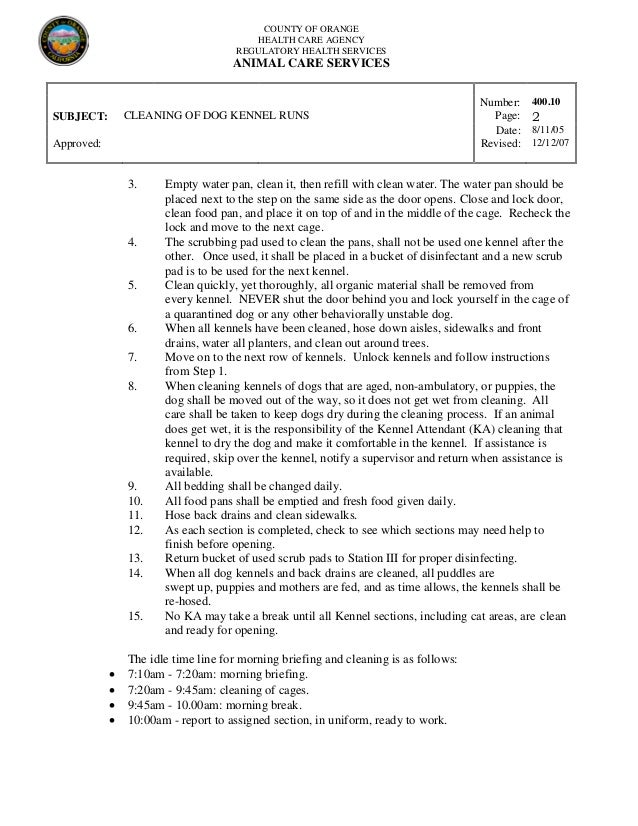 400.10 cleaning of dog kennel runs