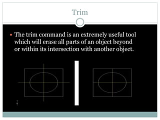 Trim
 The trim command is an extremely useful tool
which will erase all parts of an object beyond
or within its intersection with another object.
 