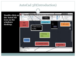 AutoCad 3D(Introduction)
Double click on
the AutoCAD
icon on the
windows
desktop.
 
