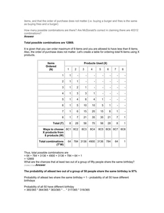 items, and that the order of purchase does not matter (i.e. buying a burger and fries is the same
as buying fries and a burger)
How many possible combinations are there? Are McDonald's correct in claiming there are 40312
combinations?
Answer
Total possible combinations are 12869.
It is given that you can order maximum of 8 items and you are allowed to have less than 8 items.
Also, the order of purchase does not matter. Let's create a table for ordering total N items using X
products.
Items
Ordered
(N)
Products Used (X)
1 2 3 4 5 6 7 8
1 1 - - - - - - -
2 1 1 - - - - - -
3 1 2 1 - - - - -
4 1 3 3 1 - - - -
5 1 4 6 4 1 - - -
6 1 5 10 10 5 1 - -
7 1 6 15 20 15 6 1 -
8 1 7 21 35 35 21 7 1
Total (T) 8 28 56 70 56 28 8 1
Ways to choose
X products from
8 products (W)
8C1 8C2 8C3 8C4 8C5 8C6 8C7 8C8
Total combinations
(T*W)
64 784 3136 4900 3136 784 64 1
Thus, total possible combinations are
= 64 + 784 + 3136 + 4900 + 3136 + 784 + 64 + 1
= 12869
What are the chances that at least two out of a group of fifty people share the same birthday?
SubmittedAnswer
The probability of atleast two out of a group of 50 people share the same birthday is 97%
Probability of atleast two share the same birthday = 1 - probability of all 50 have different
birthdays
Probability of all 50 have different birthday
= 365/365 * 364/365 * 363/365 * ... * 317/365 * 316/365
 