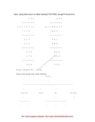 Now, using trial-n-error or rather solving F*AY=PNH, we get F=6 and A=3.
5 6 5 Y F Y
----------- -----------
3 5 | 1 9 7 7 5 A Y | N E L L Y
| 1 7 5 | N L Y
----------- -----------
2 2 7 P P L
2 1 0 P N H
----------- -----------
1 7 5 N L Y
1 7 5 N L Y
----------- -----------
0 0 0 0 0 0
Brain Teaser No : 00566
Here is the family tree of Mr. RAHUL
RAHUL
|
---------------------------------------------
| | | |
RATISH YASH OM TRILOK
| | ?
-------- ------------------
| | | | |
for more papers please visit www.downloadmela.com
www.downloadm
ela.com
 